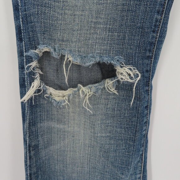 7 For All Mankind Womens 27 Blue Wash Denim Jeans Flare Distressed Destroyed - Picture 4 of 16